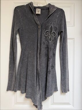 Vocal Embellished Gray Hooded Ribbed Cardigan